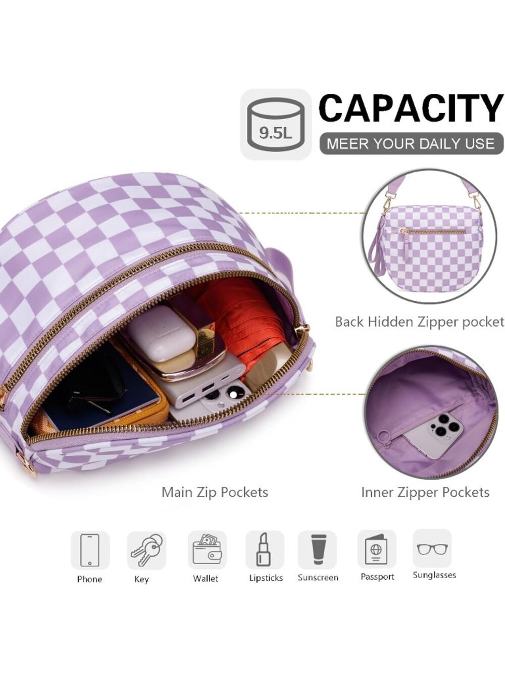 Women's Purple Spacious Checkered Double-Zipper Compartments Crossbody Bags - Picture 4 of 6